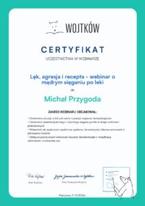 Certyfikat uczestnictwa w webinarze lęk, agresja i recepta z Amber Batson