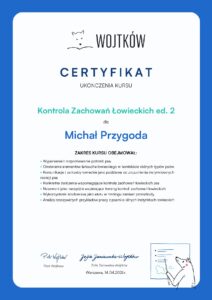 Certyfikat ukończenia kursu kontrola zachowań łowieckich u psów